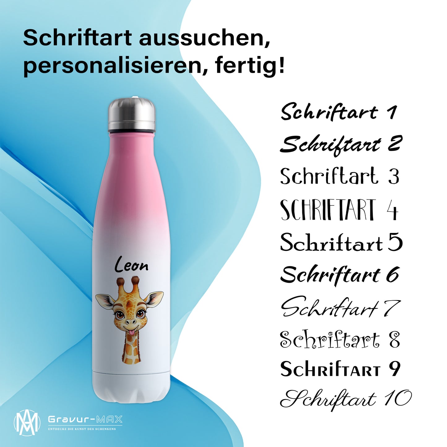 Trinkflasche in Weiß/Pink 500ml aus Edelstahl bedruckt mit niedlichen Tieren "Giraffe" personalisierbar für Kinder mit Wunschname