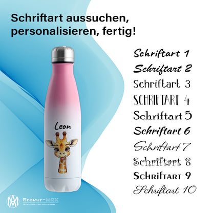 Trinkflasche in Weiß/Pink 500ml aus Edelstahl bedruckt mit niedlichen Tieren "Giraffe" personalisierbar für Kinder mit Wunschname