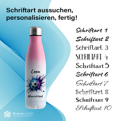 Thermoflasche 500ml in Weiß/Pink aus Edelstahl bedruckt "Fußball" Motiv10 personalisierbar mit Wunschname & Text