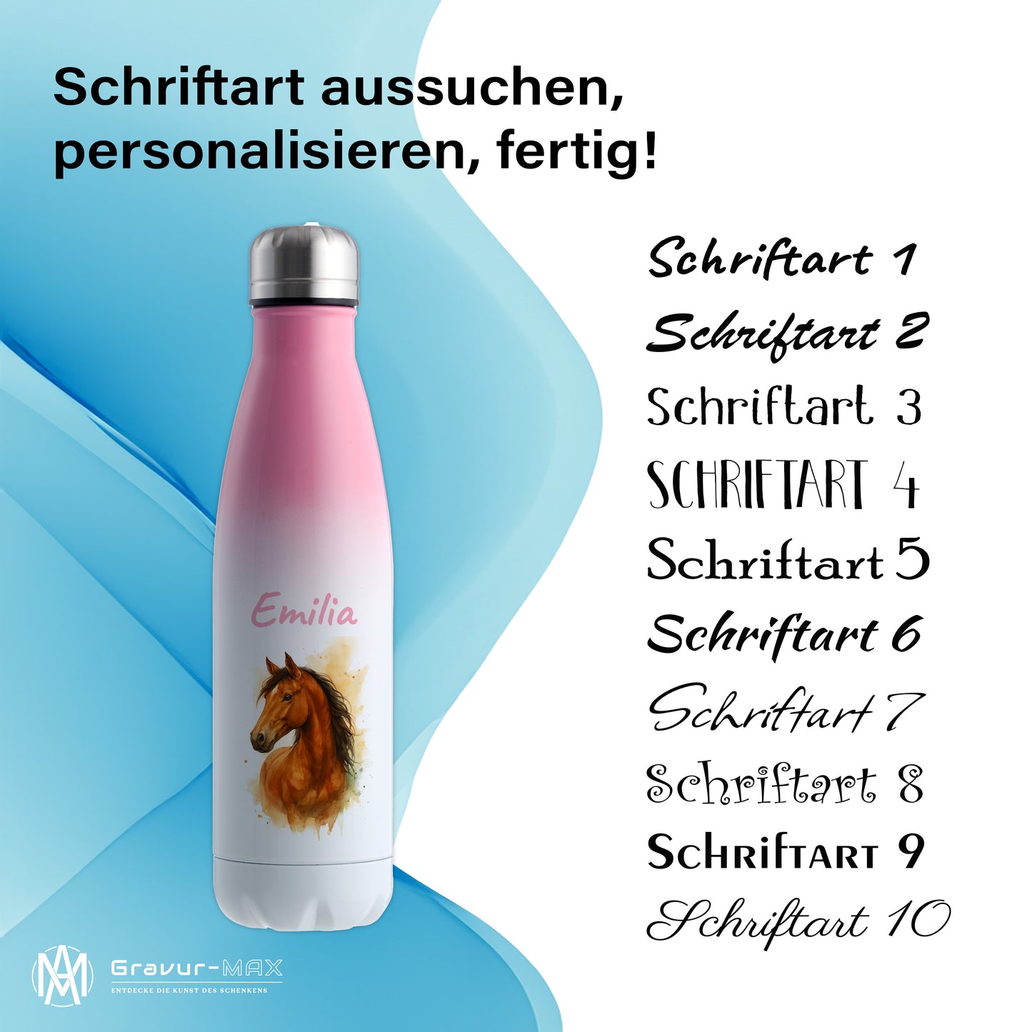 Thermoflasche 500ml in Weiß/Pink bedruckt mit tollen Motiven für Kinder "Pferd" personalisierbar mit Wunschname