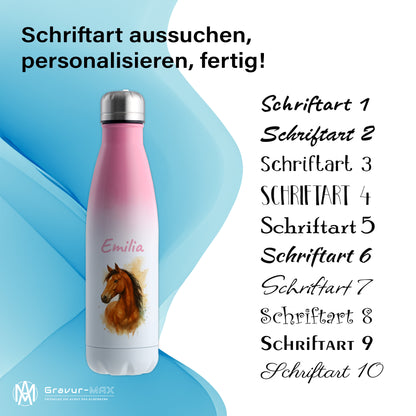Thermoflasche 500ml in Weiß/Pink bedruckt mit tollen Motiven für Kinder "Pferd" personalisierbar mit Wunschname