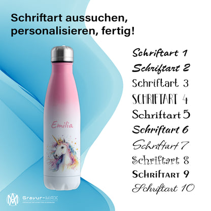 Thermoflasche 500ml in Weiß/Pink bedruckt mit tollen Motiven für Kinder "Einhorn" personalisierbar mit Wunschname