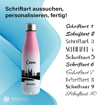 Trinkflasche in Weiß/Pink 500ml aus Edelstahl bedruckt mit der Skyline von Kempten personalisierbar mit Wunschname
