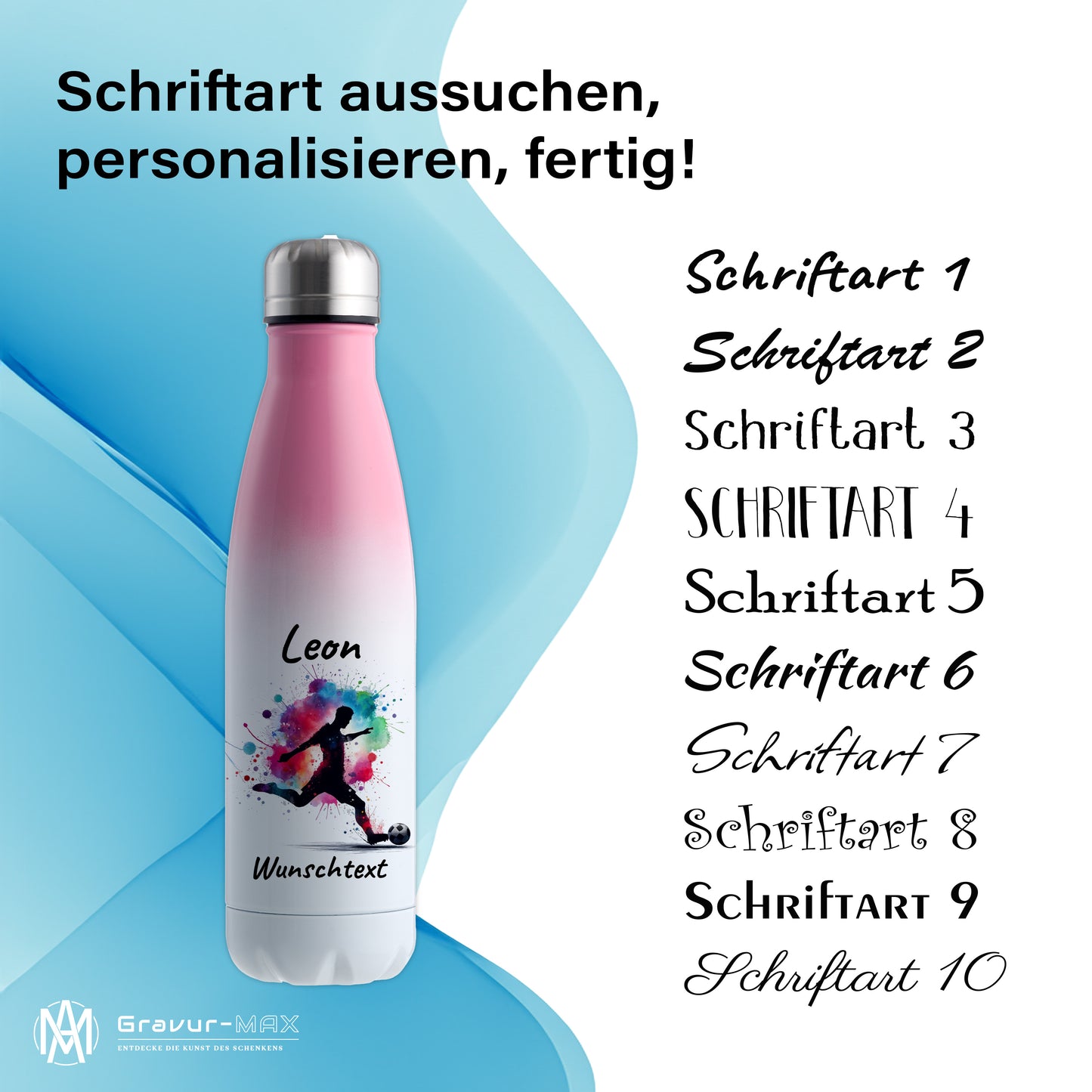 Thermoflasche 500ml in Weiß/Pink aus Edelstahl bedruckt "Fußball" Motiv4 personalisierbar mit Wunschname & Text