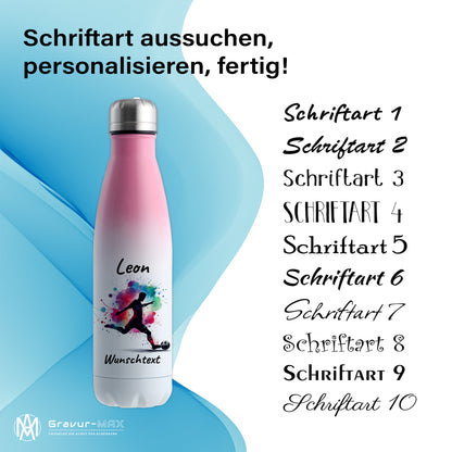 Thermoflasche 500ml in Weiß/Pink aus Edelstahl bedruckt "Fußball" Motiv4 personalisierbar mit Wunschname & Text