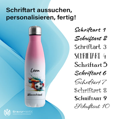 Thermoflasche 500ml in Weiß/Pink aus Edelstahl bedruckt "Fußball" Motiv6 personalisierbar mit Wunschname & Text