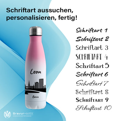 Trinkflasche in Weiß/Pink 500ml aus Edelstahl bedruckt mit der Skyline von Bonn personalisierbar mit Wunschname