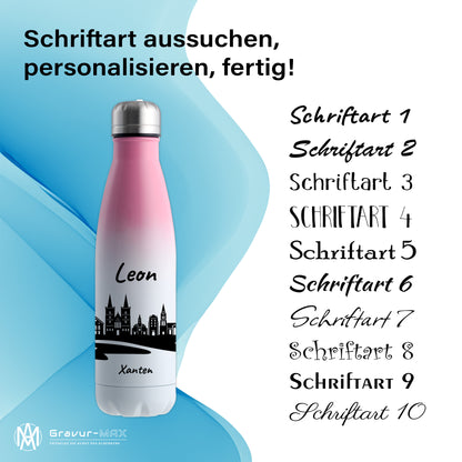 Trinkflasche in Weiß/Pink 500ml aus Edelstahl bedruckt mit der Skyline von Xanten personalisierbar mit Wunschname