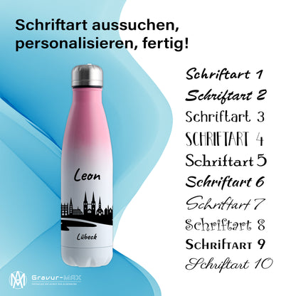 Trinkflasche in Weiß/Pink 500ml aus Edelstahl bedruckt mit der Skyline von Lübeck personalisierbar mit Wunschname