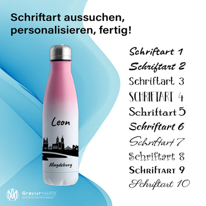 Trinkflasche in Weiß/Pink 500ml aus Edelstahl bedruckt mit der Skyline von Magdeburg personalisierbar mit Wunschname