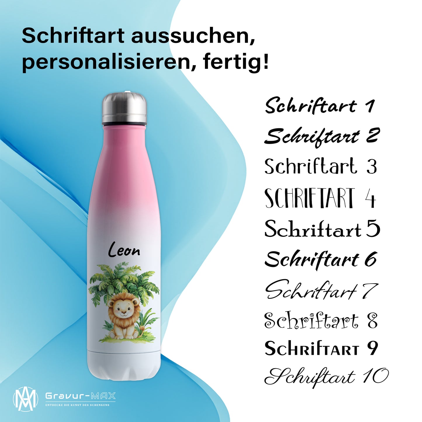Trinkflasche mit Farbverlauf in Weiß/Pink 500ml aus Edelstahl bedruckt mit Dschungel Tieren"Löwe" personalisierbar für Kinder mit Wunschname