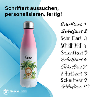 Trinkflasche mit Farbverlauf in Weiß/Pink 500ml aus Edelstahl bedruckt mit Dschungel Tieren"Löwe" personalisierbar für Kinder mit Wunschname