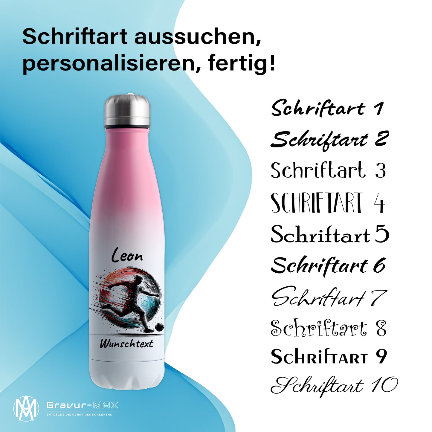 Thermoflasche 500ml in Weiß/Pink aus Edelstahl bedruckt "Fußball" Motiv3 personalisierbar mit Wunschname & Text