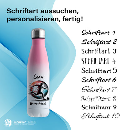 Thermoflasche 500ml in Weiß/Pink aus Edelstahl bedruckt "Fußball" Motiv3 personalisierbar mit Wunschname & Text