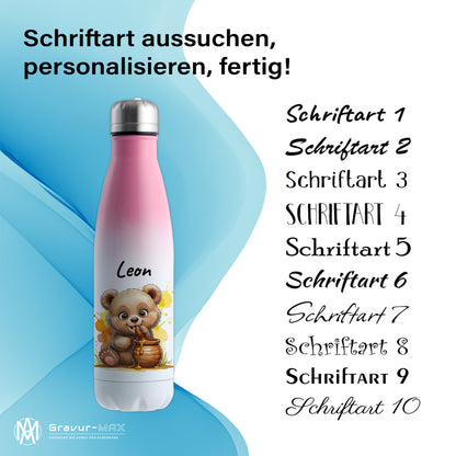 Trinkflasche in Weiß/Pink 500ml aus Edelstahl bedruckt mit niedlichen Tieren "Bär" personalisierbar für Kinder mit Wunschname