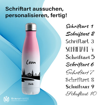 Trinkflasche in Weiß/Pink 500ml aus Edelstahl bedruckt mit der Skyline von Halle personalisierbar mit Wunschname