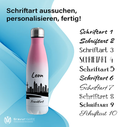 Trinkflasche in Weiß/Pink 500ml aus Edelstahl bedruckt mit der Skyline von Frankfurt personalisierbar mit Wunschname