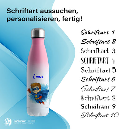 Thermoflasche 500ml in Weiß/Pink bedruckt mit tollen Motiven für Kinder "Superheld" personalisierbar mit Wunschname