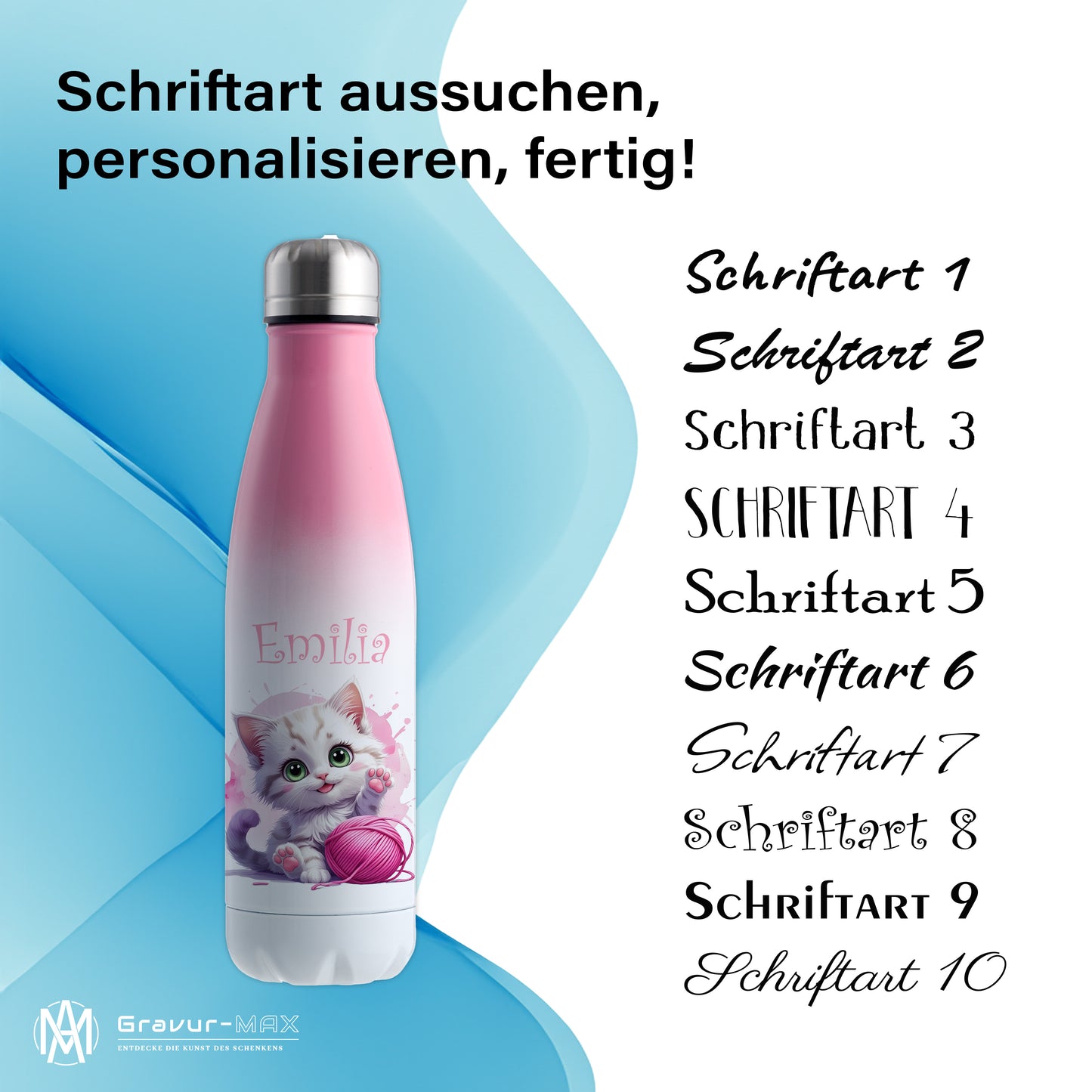 Trinkflasche in Weiß/Pink 500ml aus Edelstahl bedruckt mit niedlichen Tieren "Katze" personalisierbar für Kinder mit Wunschname