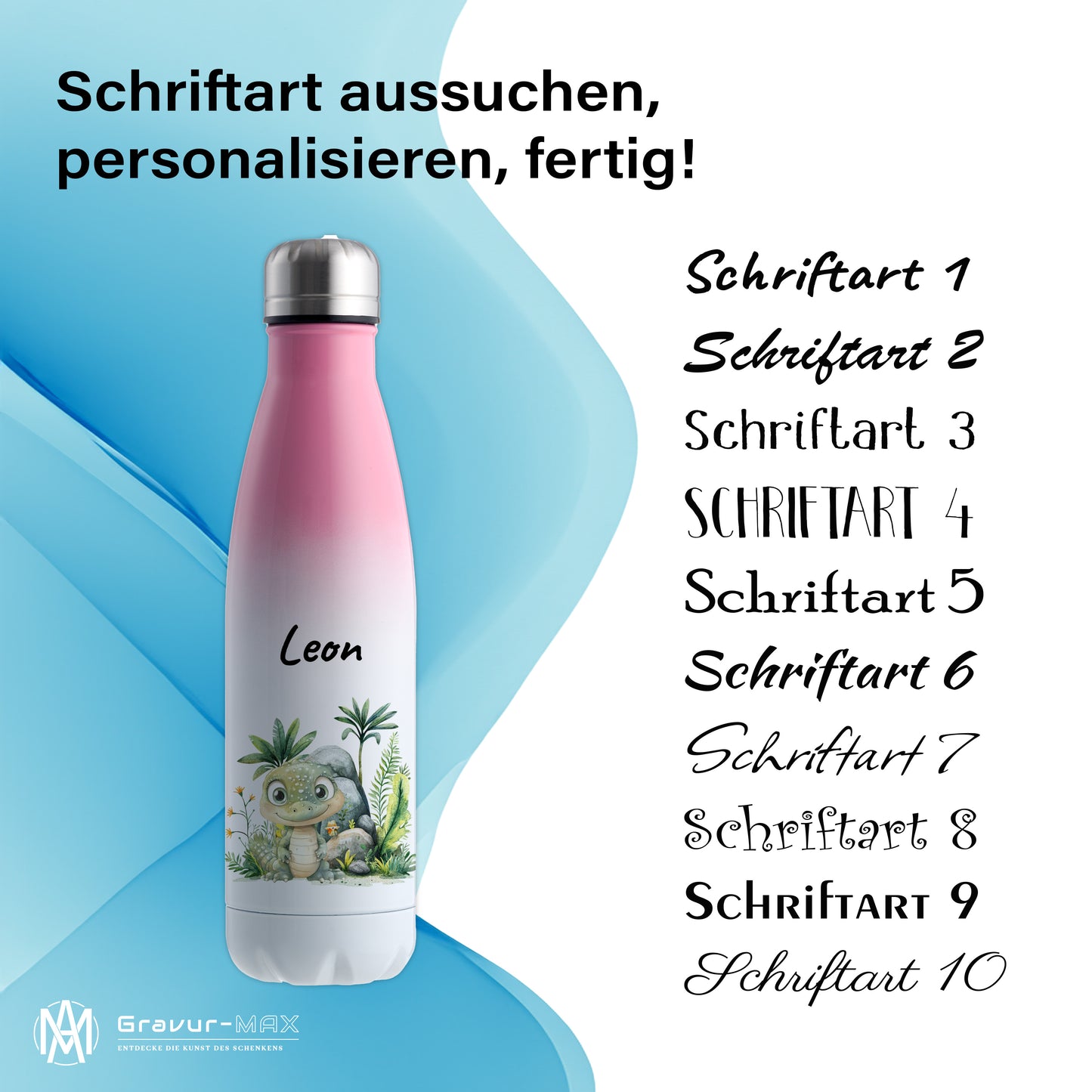 Trinkflasche mit Farbverlauf in Weiß/Pink 500ml aus Edelstahl bedruckt mit Dschungel Tieren"Krokodil" personalisierbar für Kinder mit Wunschname