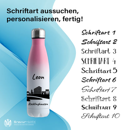 Trinkflasche in Weiß/Pink 500ml aus Edelstahl bedruckt mit der Skyline von Recklinghausen personalisierbar mit Wunschname