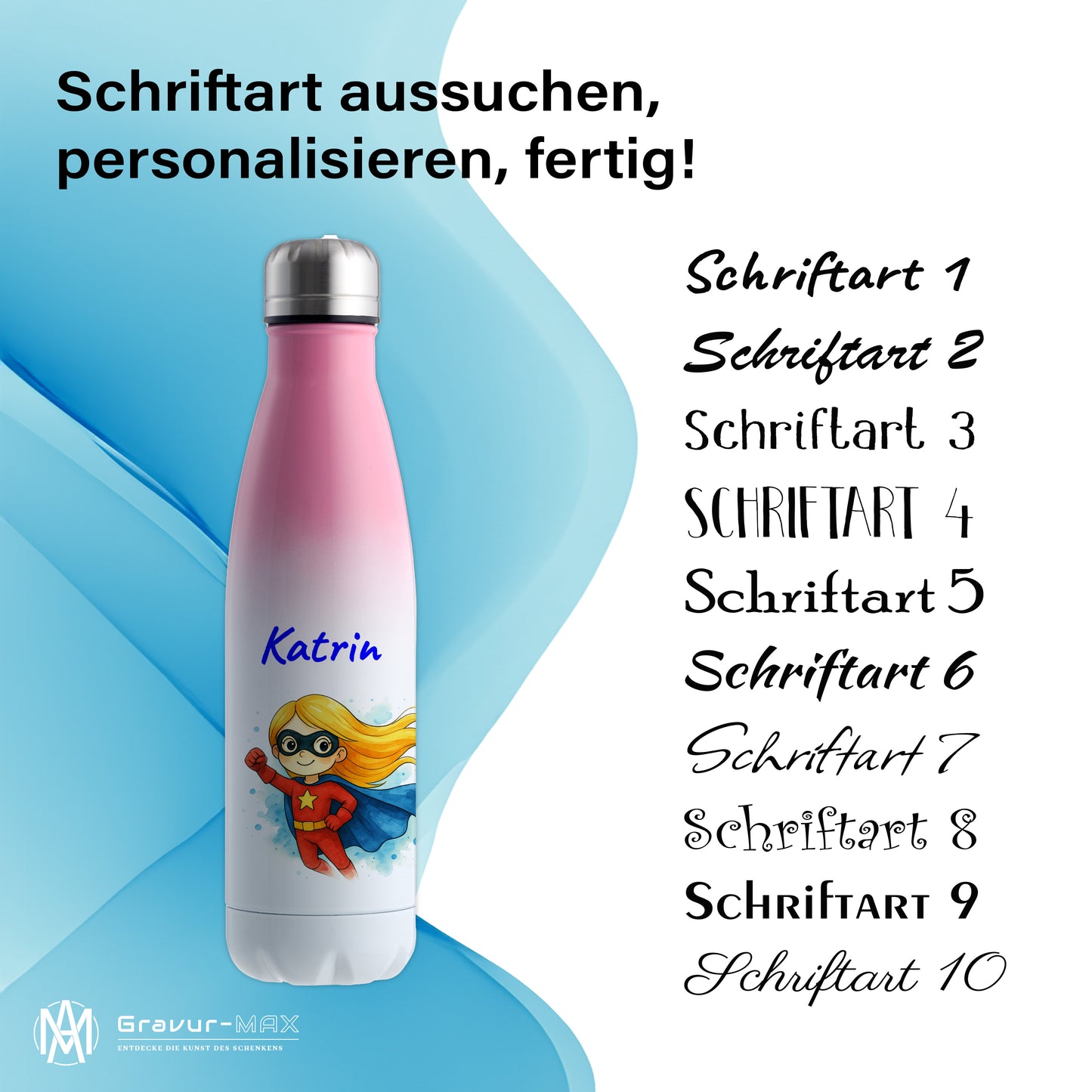 Thermoflasche 500ml in Weiß/Pink bedruckt mit tollen Motiven für Kinder "Superheldin" personalisierbar mit Wunschname