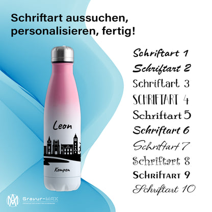 Trinkflasche in Weiß/Pink 500ml aus Edelstahl bedruckt mit der Skyline von Kempen personalisierbar mit Wunschname