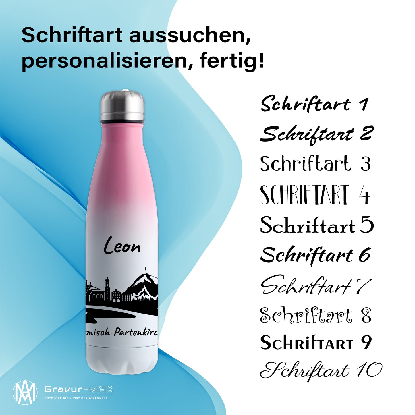 Trinkflasche in Weiß/Pink 500ml aus Edelstahl bedruckt mit der Skyline von Garmisch-Partenkirchen personalisierbar mit Wunschname