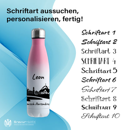 Trinkflasche in Weiß/Pink 500ml aus Edelstahl bedruckt mit der Skyline von Garmisch-Partenkirchen personalisierbar mit Wunschname