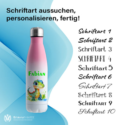 Thermoflasche 500ml in Weiß/Pink bedruckt mit tollen Motiven für Kinder "Dino Kinder" personalisierbar mit Wunschname