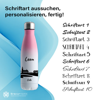 Trinkflasche in Weiß/Pink 500ml aus Edelstahl bedruckt mit der Skyline von Celle personalisierbar mit Wunschname