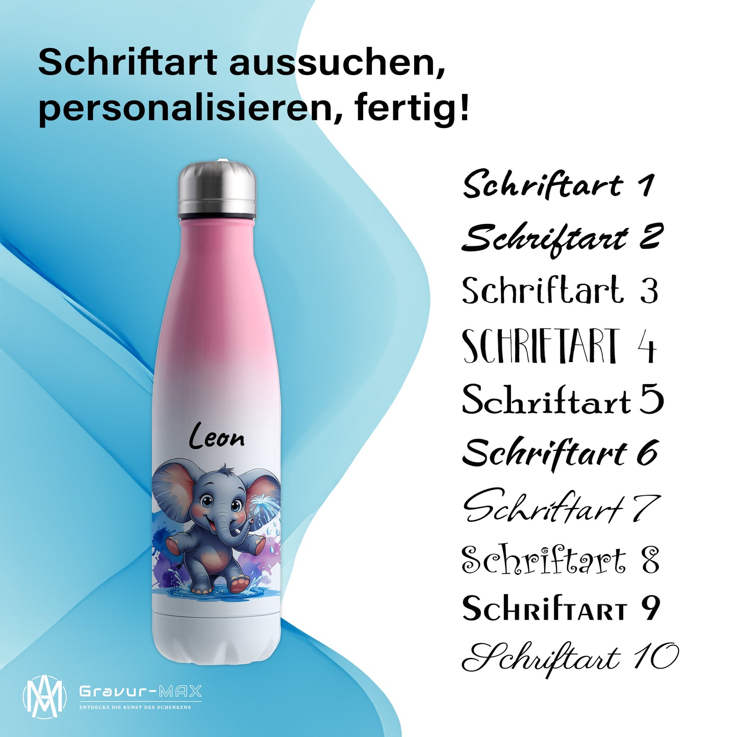 Trinkflasche in Weiß/Pink 500ml aus Edelstahl bedruckt mit niedlichen Tieren "Elefant" personalisierbar für Kinder mit Wunschname