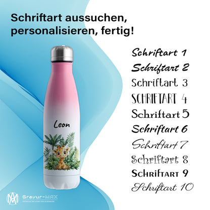 Trinkflasche mit Farbverlauf in Weiß/Pink 500ml aus Edelstahl bedruckt mit Dschungel Tieren"Giraffe" personalisierbar für Kinder mit Wunschname
