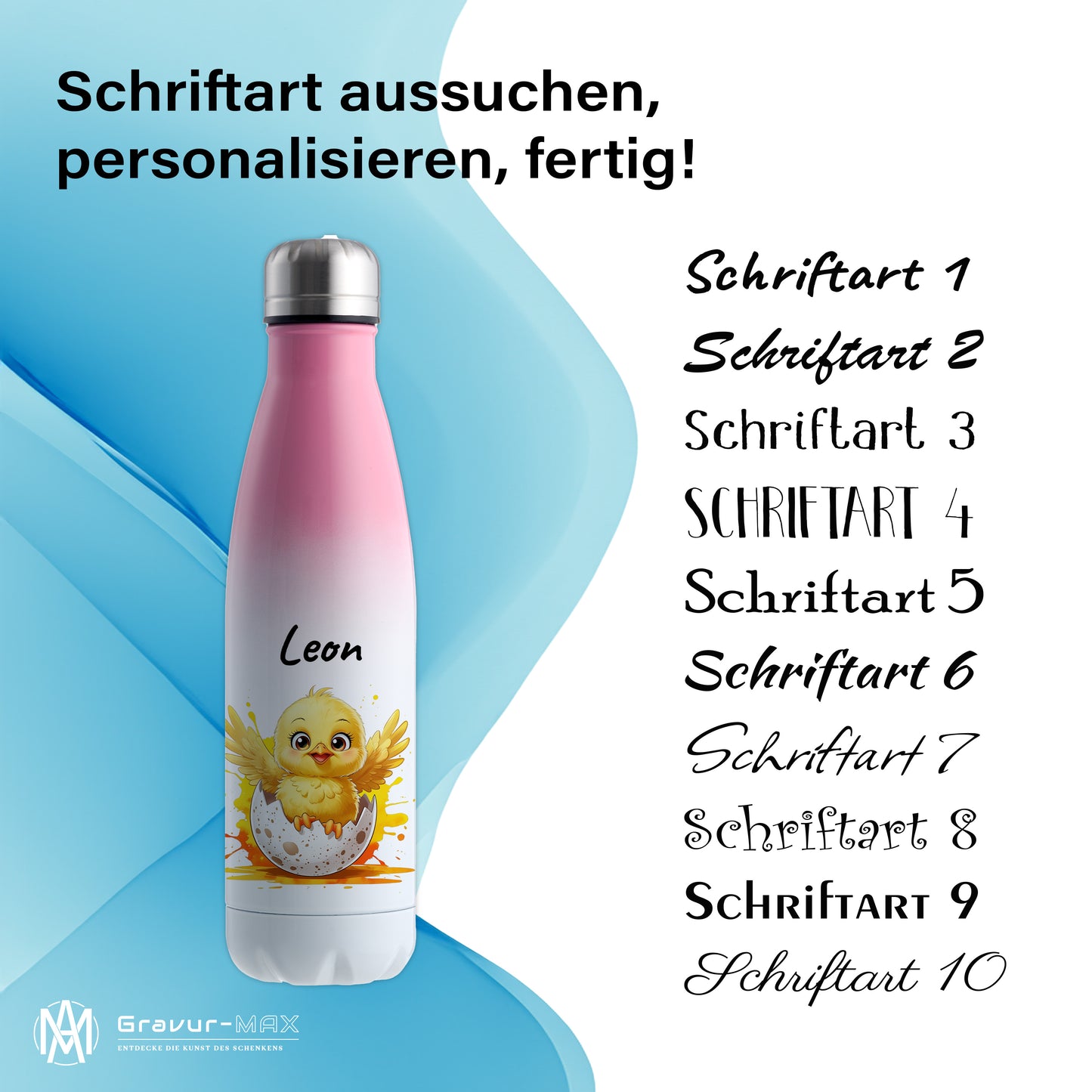 Trinkflasche in Weiß/Pink 500ml aus Edelstahl bedruckt mit niedlichen Tieren "Küken" personalisierbar für Kinder mit Wunschname