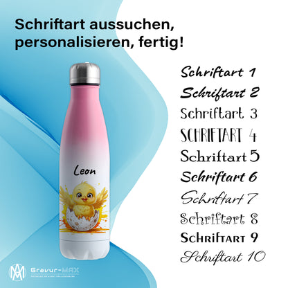 Trinkflasche in Weiß/Pink 500ml aus Edelstahl bedruckt mit niedlichen Tieren "Küken" personalisierbar für Kinder mit Wunschname