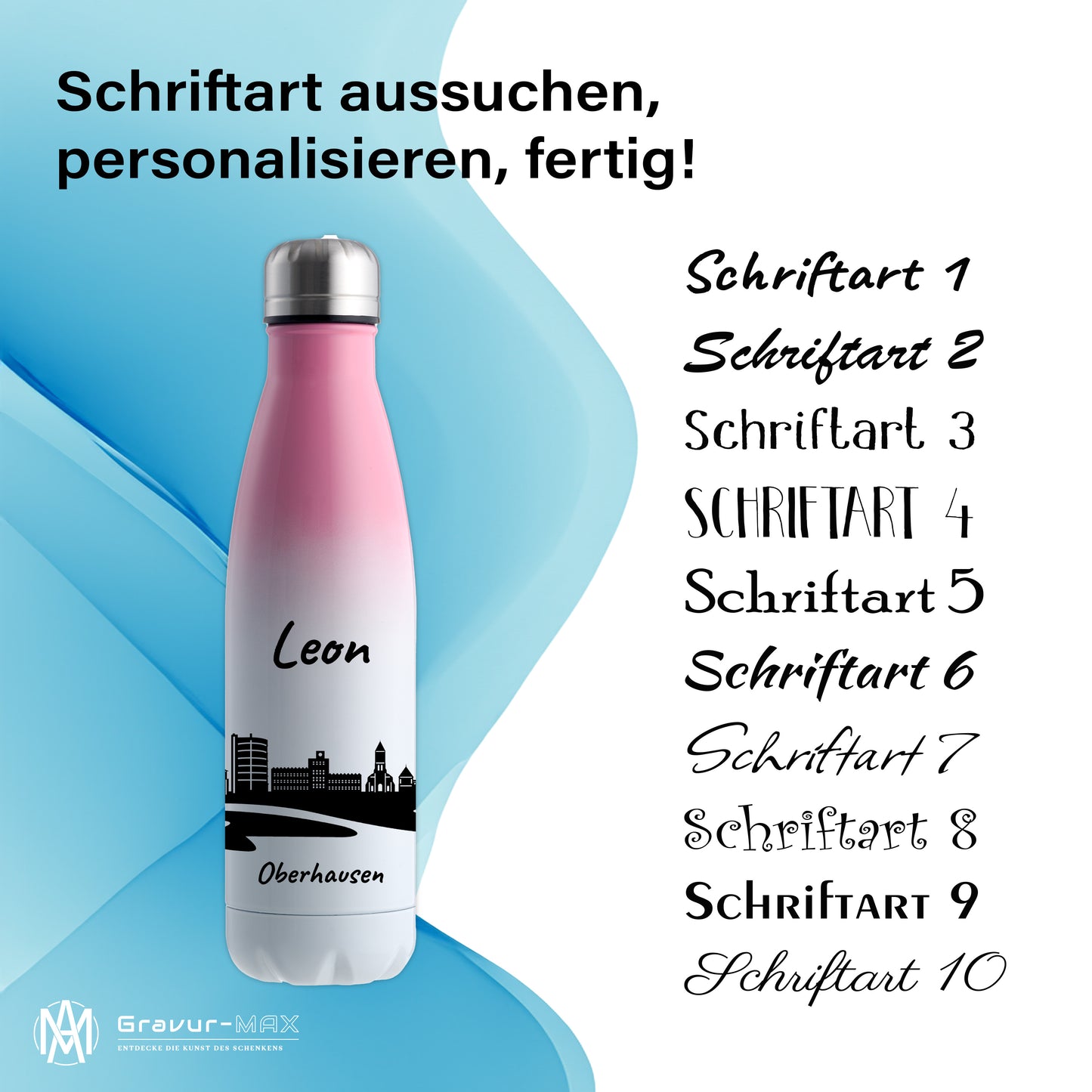 Trinkflasche in Weiß/Pink 500ml aus Edelstahl bedruckt mit der Skyline von Oberhausen personalisierbar mit Wunschname