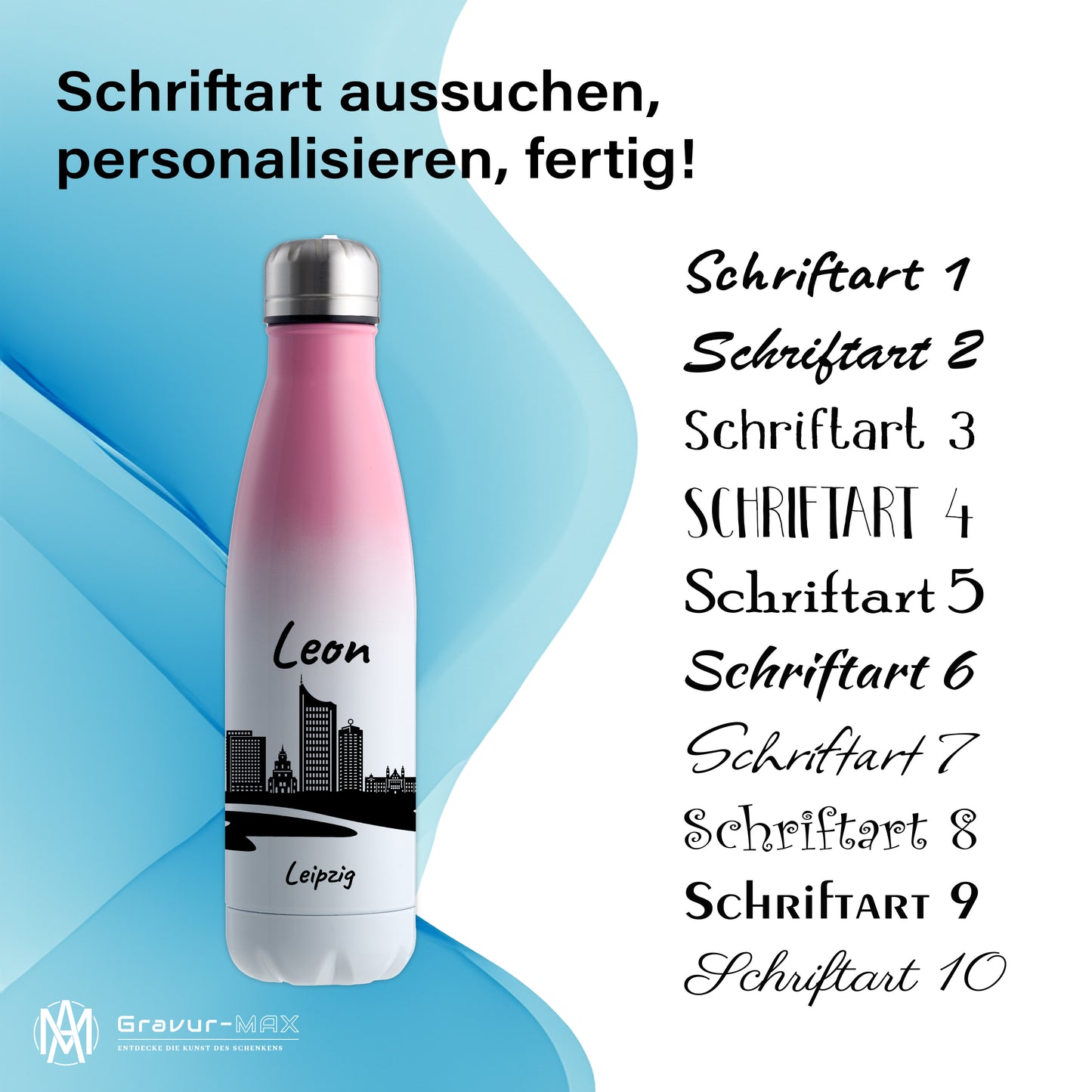 Trinkflasche in Weiß/Pink 500ml aus Edelstahl bedruckt mit der Skyline von Leipzig personalisierbar mit Wunschname