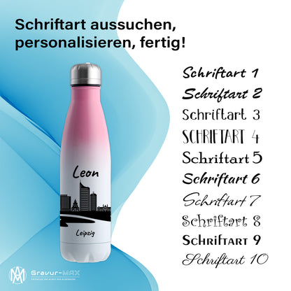 Trinkflasche in Weiß/Pink 500ml aus Edelstahl bedruckt mit der Skyline von Leipzig personalisierbar mit Wunschname