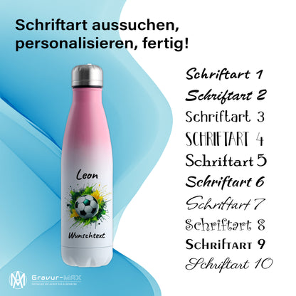 Thermoflasche 500ml in Weiß/Pink aus Edelstahl bedruckt "Fußball" Motiv11 personalisierbar mit Wunschname & Text