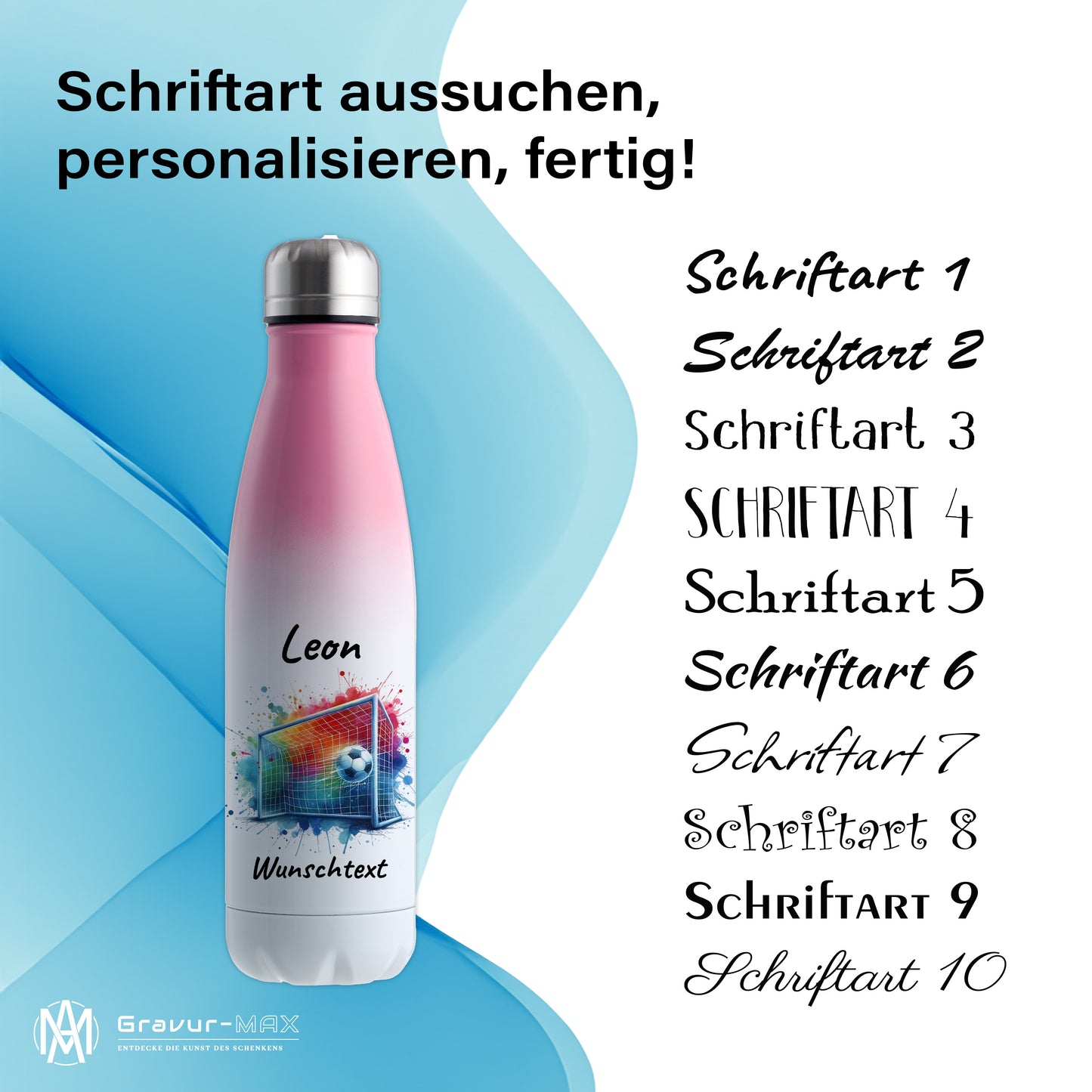 Thermoflasche 500ml in Weiß/Pink aus Edelstahl bedruckt "Fußball" Motiv5 personalisierbar mit Wunschname & Text