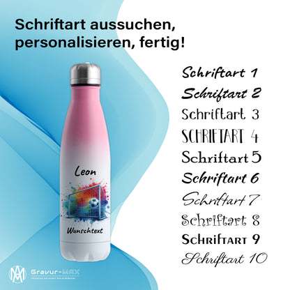 Thermoflasche 500ml in Weiß/Pink aus Edelstahl bedruckt "Fußball" Motiv5 personalisierbar mit Wunschname & Text