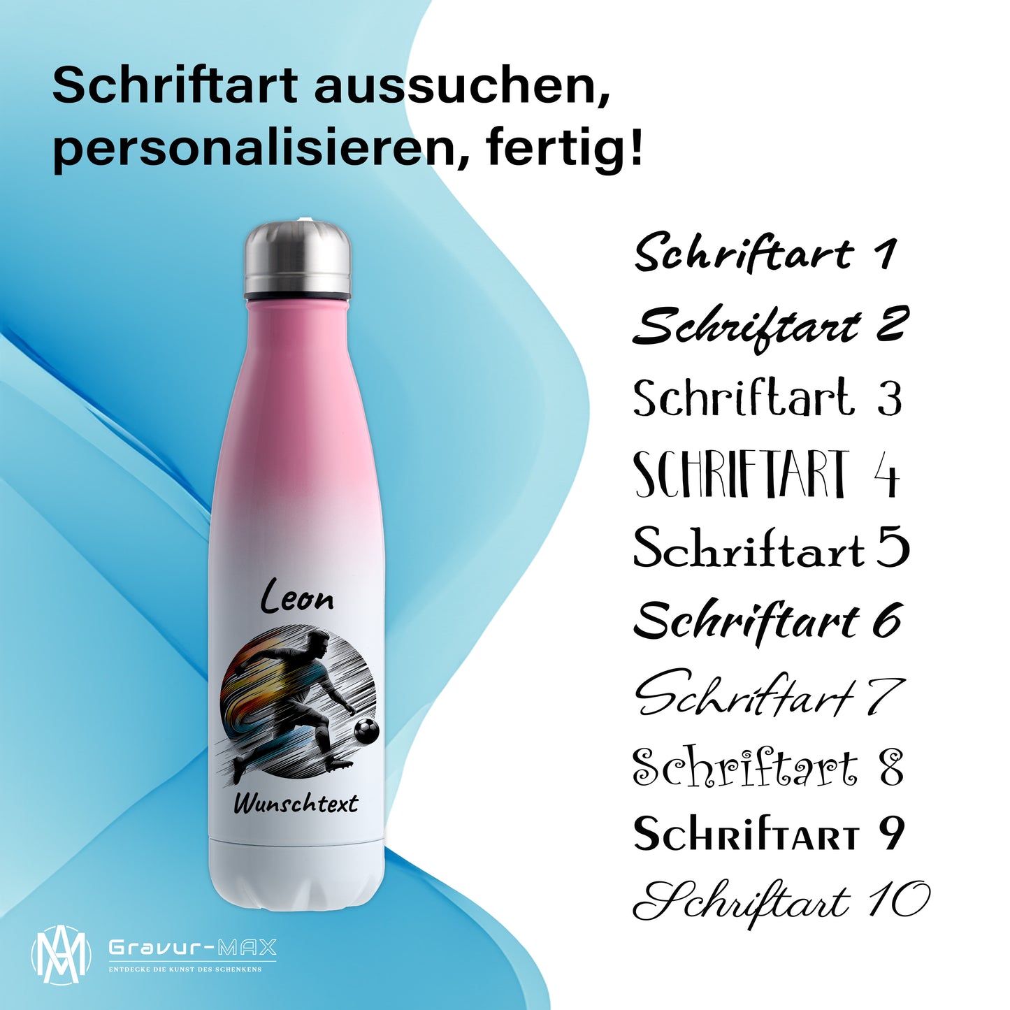 Thermoflasche 500ml in Weiß/Pink aus Edelstahl bedruckt "Fußball" Motiv2 personalisierbar mit Wunschname & Text