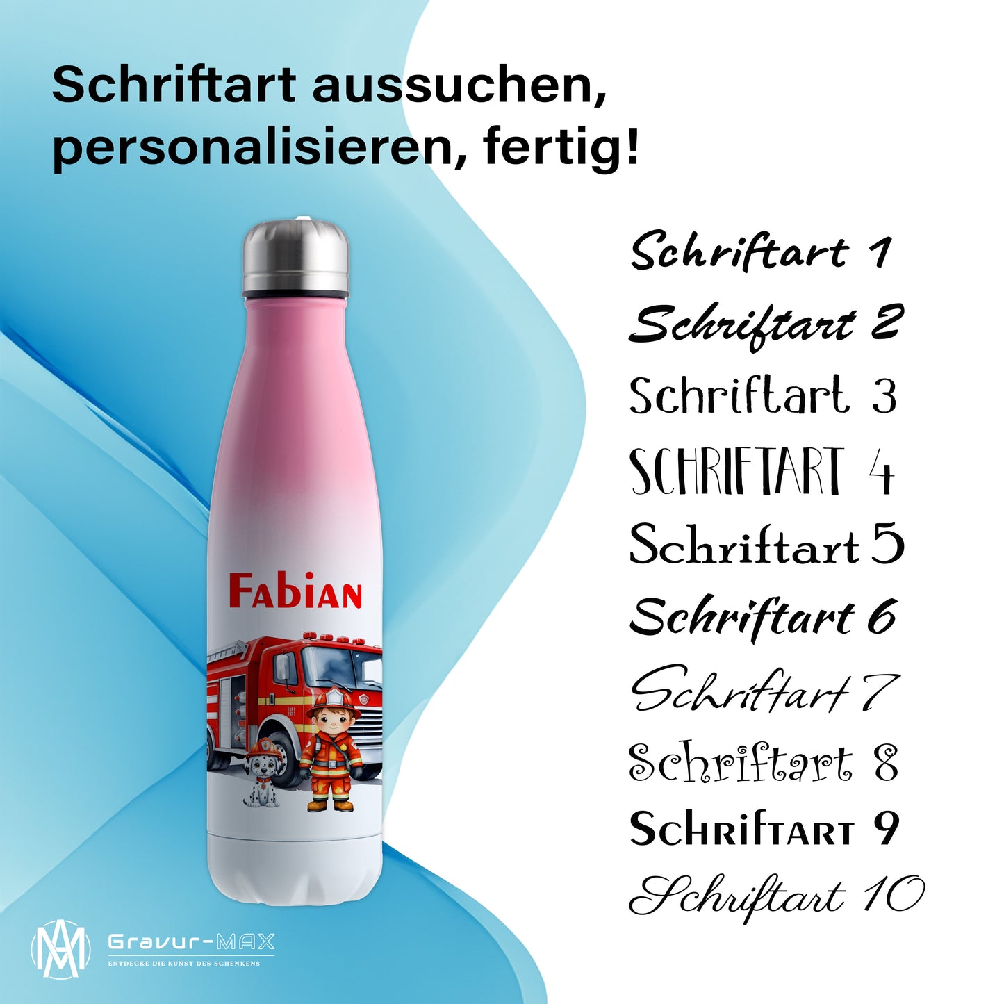 Thermoflasche 500ml in Weiß/Pink bedruckt mit tollen Motiven für Kinder "Feuerwehr" personalisierbar mit Wunschname