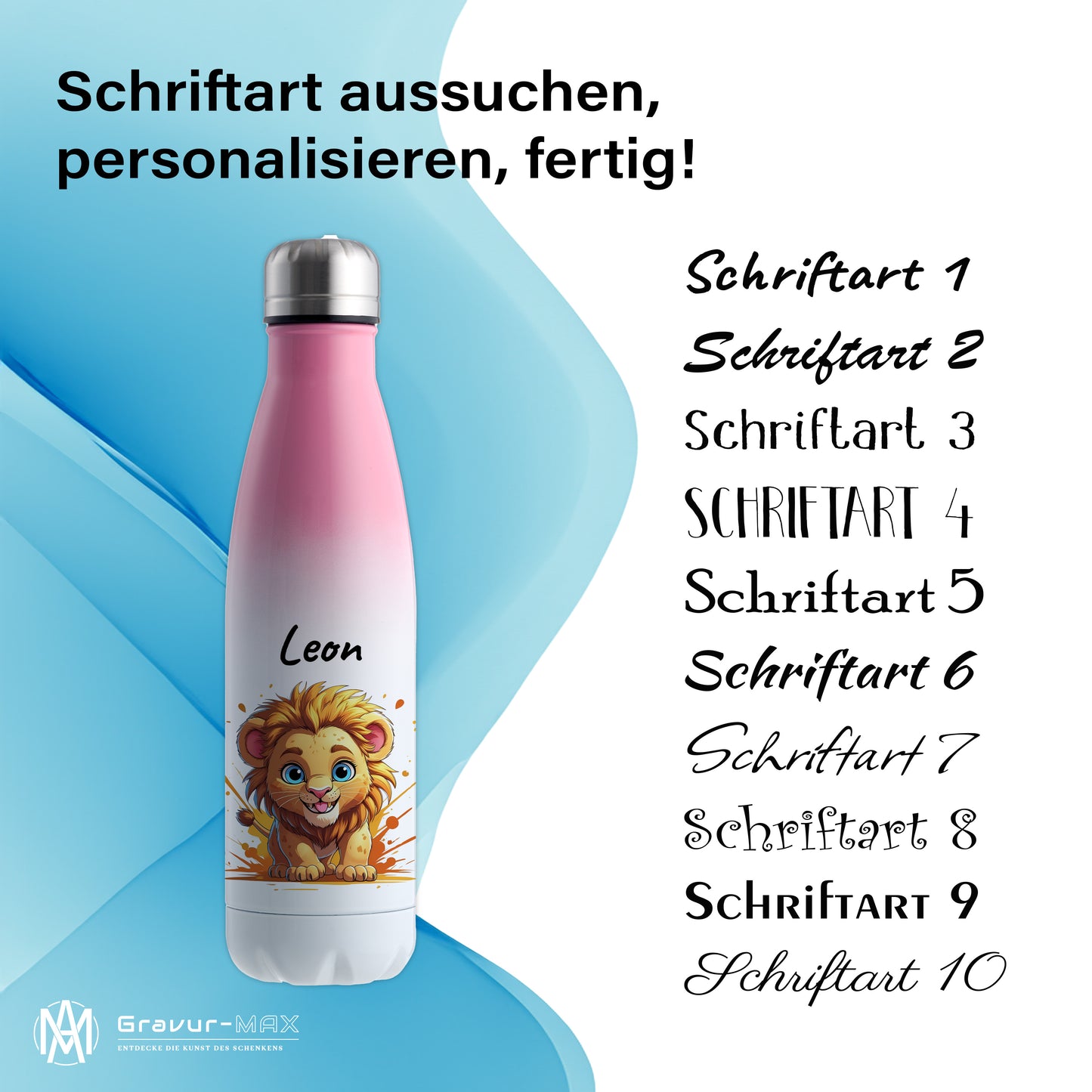 Trinkflasche in Weiß/Pink 500ml aus Edelstahl bedruckt mit niedlichen Tieren "Löwe" personalisierbar für Kinder mit Wunschname