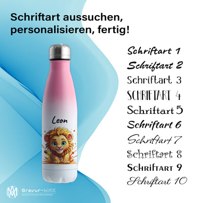 Trinkflasche in Weiß/Pink 500ml aus Edelstahl bedruckt mit niedlichen Tieren "Löwe" personalisierbar für Kinder mit Wunschname
