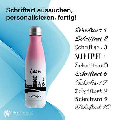 Trinkflasche in Weiß/Pink 500ml aus Edelstahl bedruckt mit der Skyline von Göttingen personalisierbar mit Wunschname