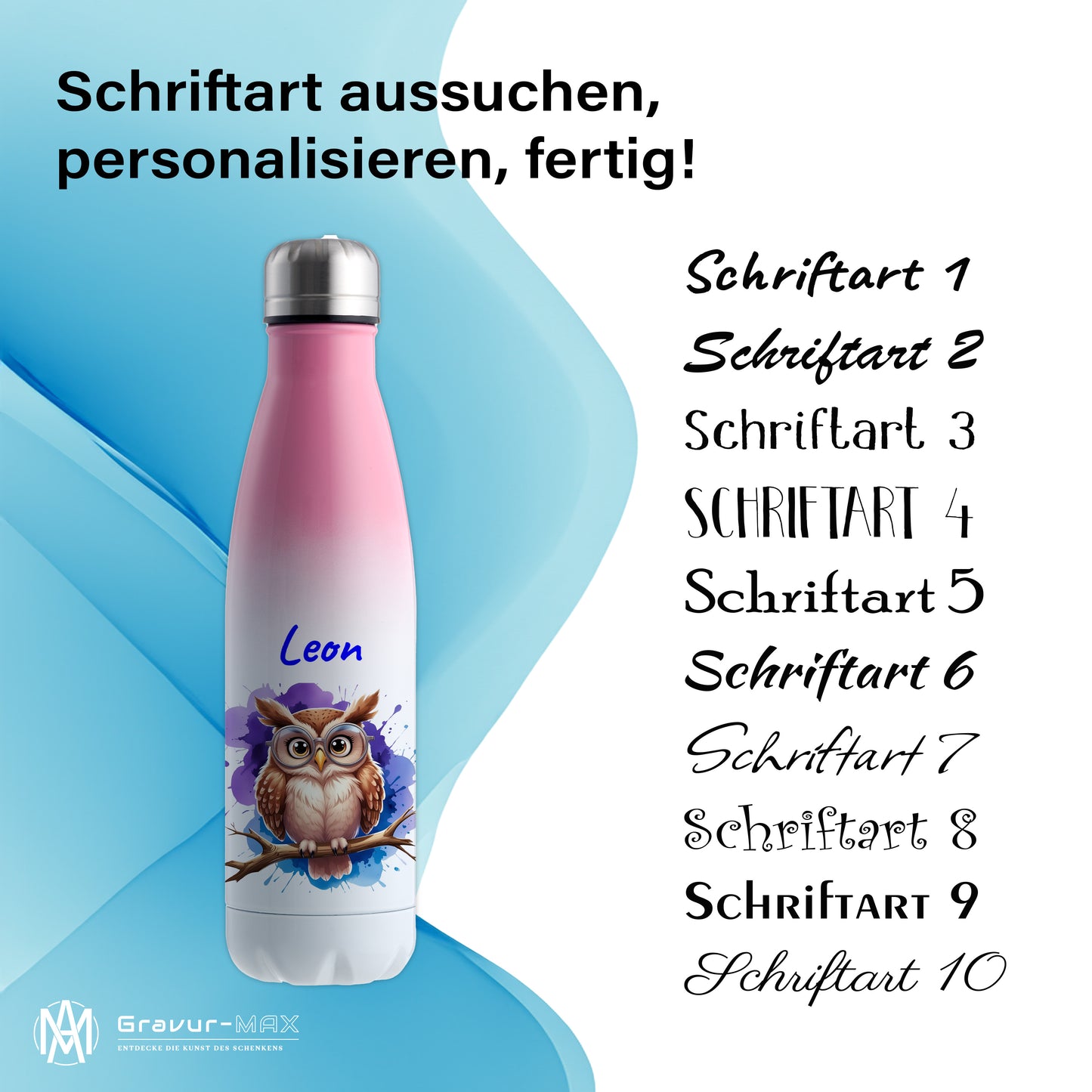 Trinkflasche in Weiß/Pink 500ml aus Edelstahl bedruckt mit niedlichen Tieren "Eule" personalisierbar für Kinder mit Wunschname