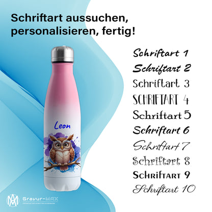 Trinkflasche in Weiß/Pink 500ml aus Edelstahl bedruckt mit niedlichen Tieren "Eule" personalisierbar für Kinder mit Wunschname