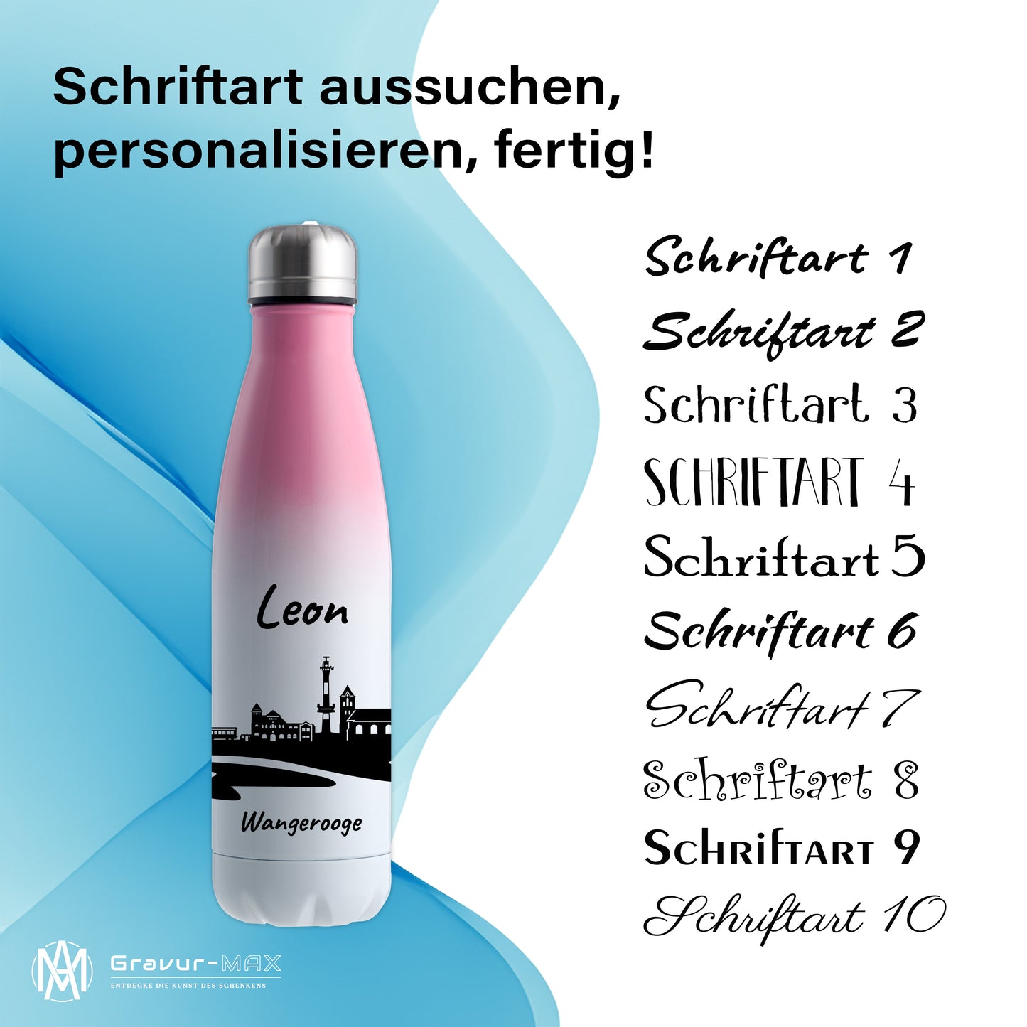 Trinkflasche in Weiß/Pink 500ml aus Edelstahl bedruckt mit der Skyline von Wangerooge personalisierbar mit Wunschname