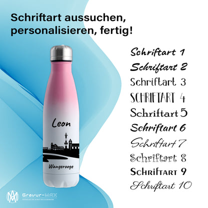 Trinkflasche in Weiß/Pink 500ml aus Edelstahl bedruckt mit der Skyline von Wangerooge personalisierbar mit Wunschname